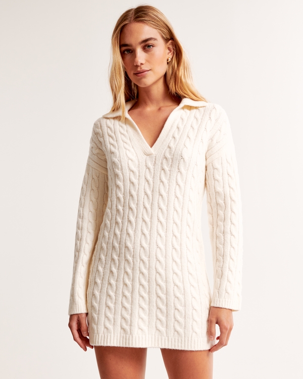 Collared Mini Sweater Dress, Cream