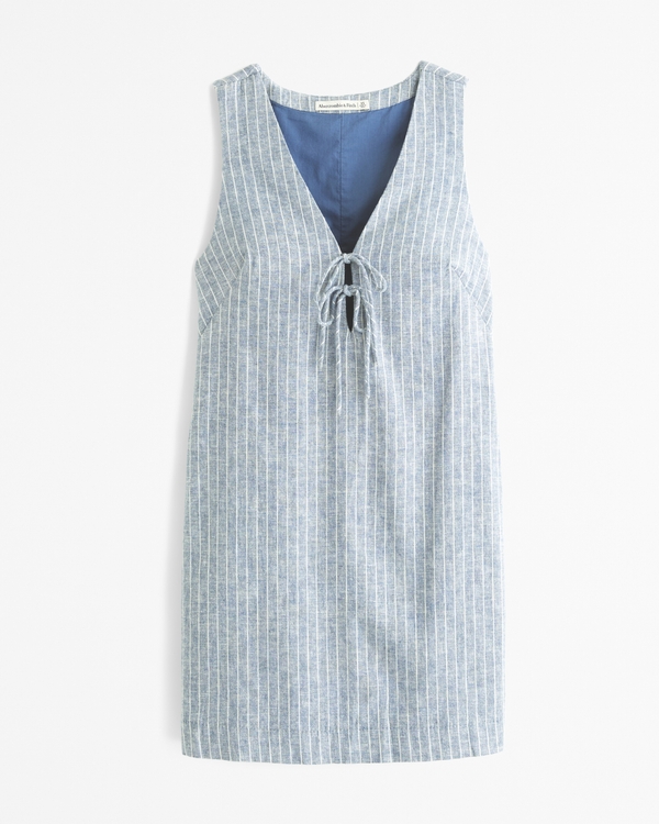 Linen-Blend Tie Front Mini Dress, Blue Stripe