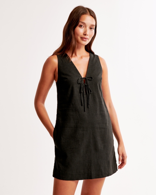 Linen-Blend Tie Front Mini Dress, Black