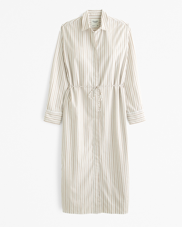 Long-Sleeve Tie Midi Shirt Dress, Brown Stripe