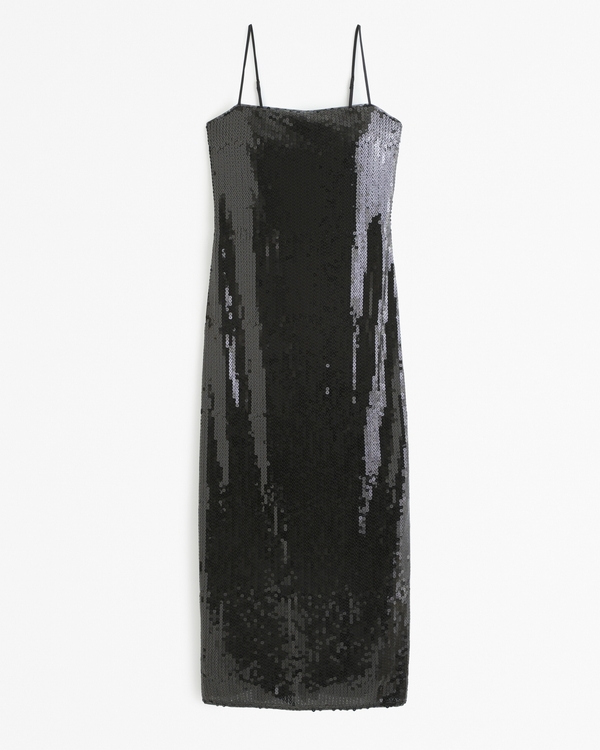 Straight-Neck Sequin Midi Dress, Black