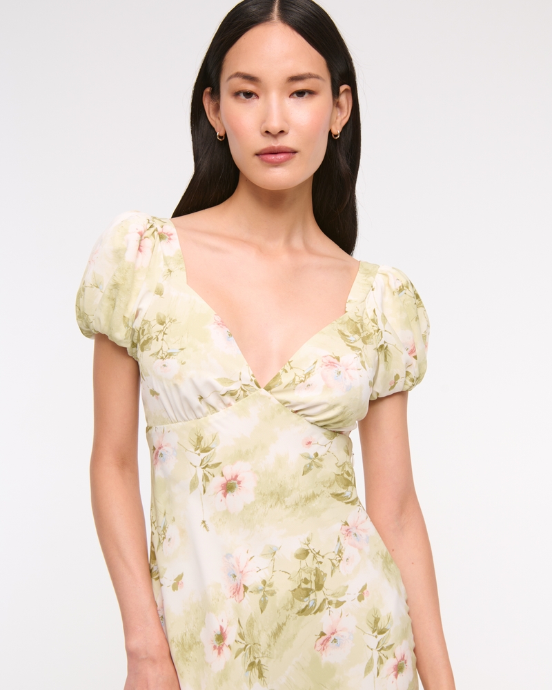 Women's Puff Sleeve Midi Dress in Light Green Floral | Size XL | Abercrombie & Fitch
