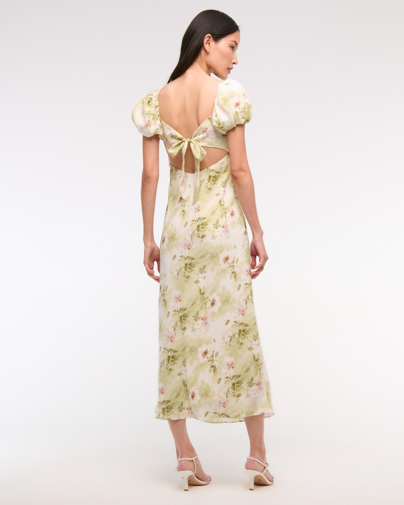 Women's Puff Sleeve Midi Dress in Light Green Floral | Size XL | Abercrombie & Fitch