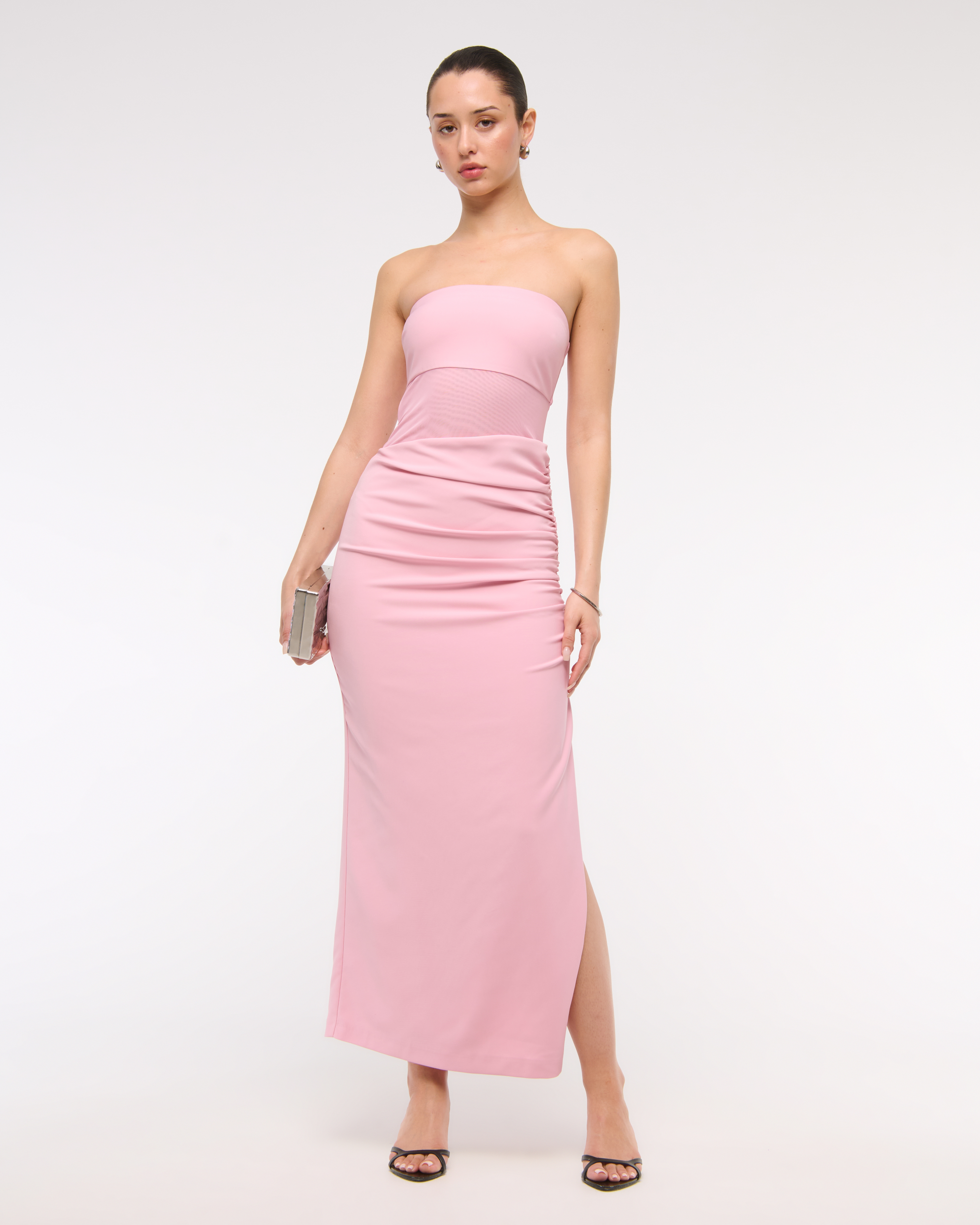 Abercrombie & Fitch Sheer Draped Maxi Dress In Pink