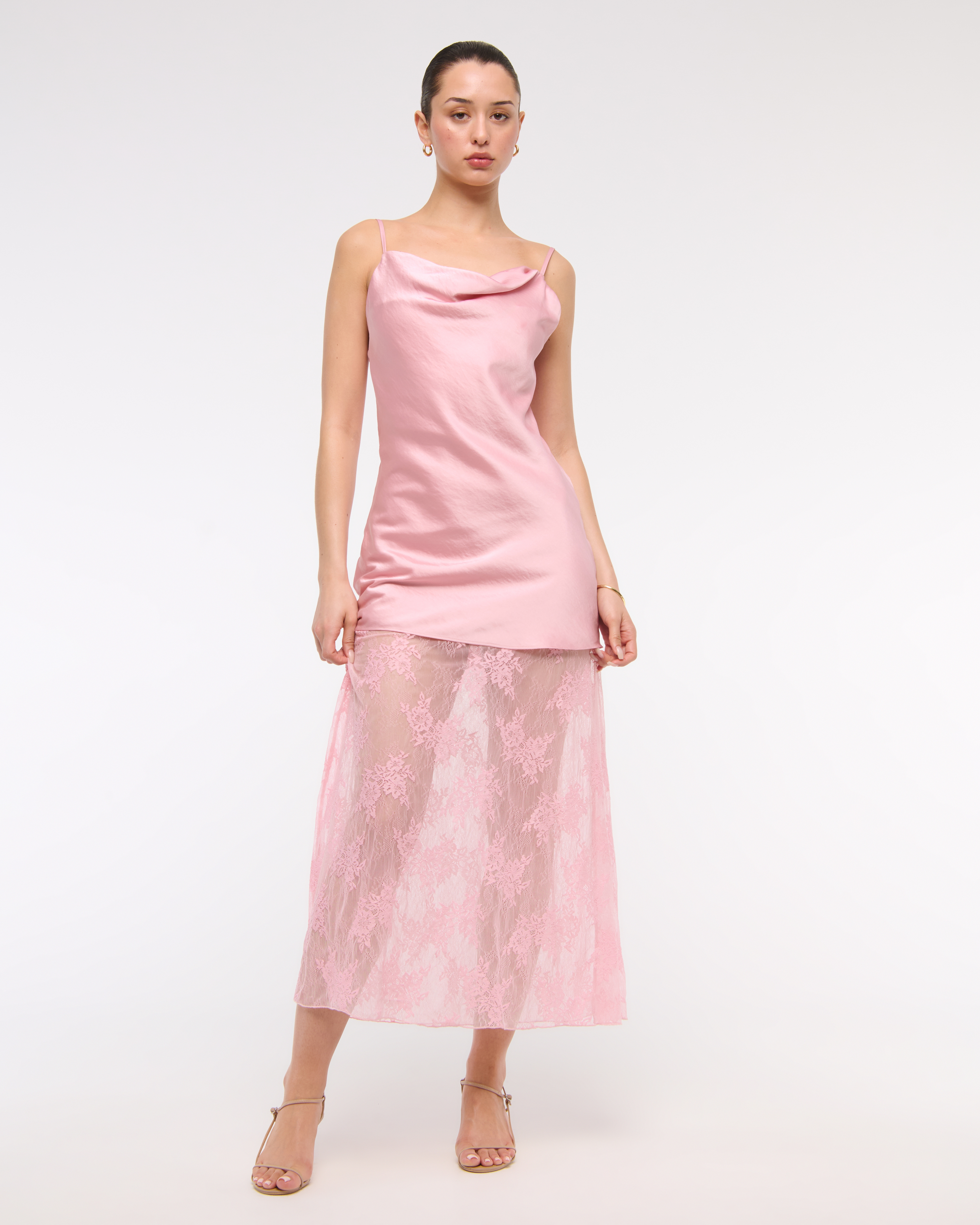 Abercrombie & Fitch Cowl Neck Lace Maxi Dress In Pink