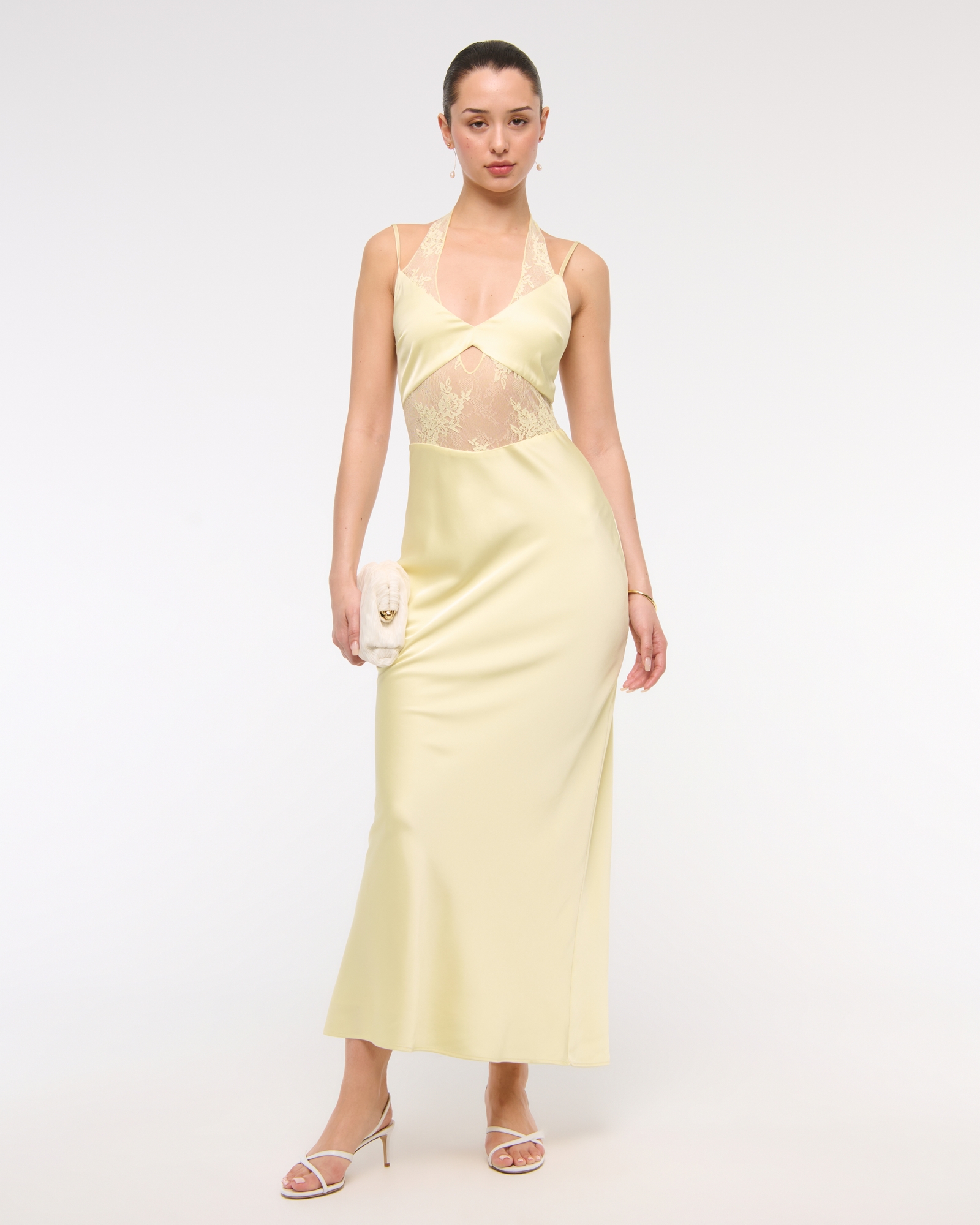 Women's The A&F Julia Slip Lace Halter Maxi Dress in Pastel Yellow | Size XL TALL | Abercrombie & Fitch
