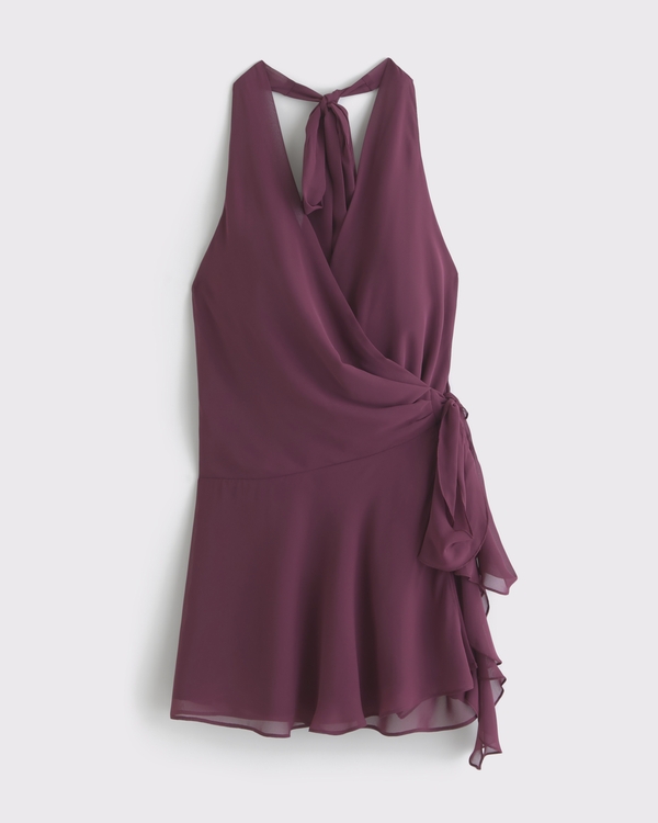 Draped Halter Mini Dress, Deep Plum view 1