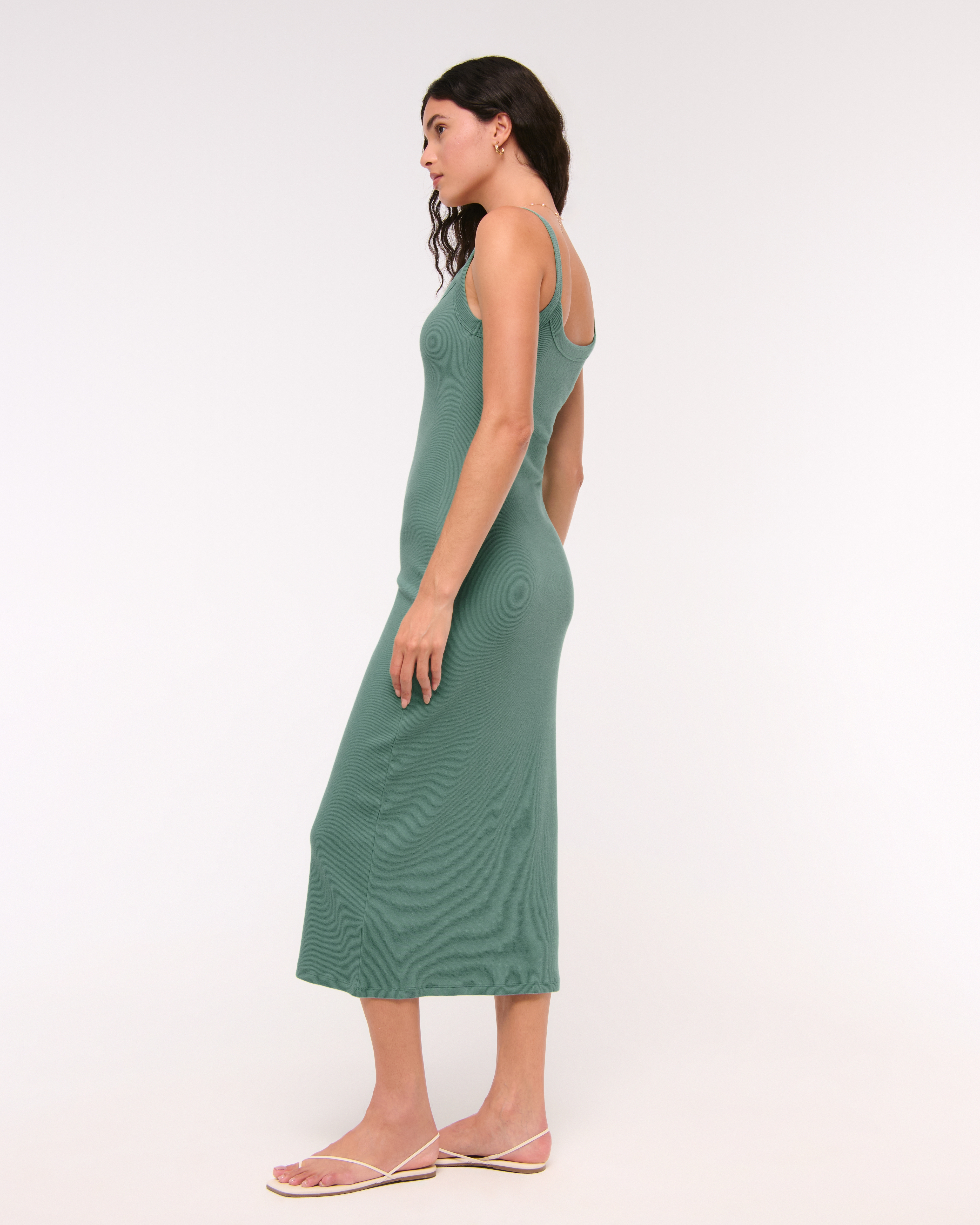Abercrombie & Fitch Bra-free Essential 90s Rib Midi Dress In Green