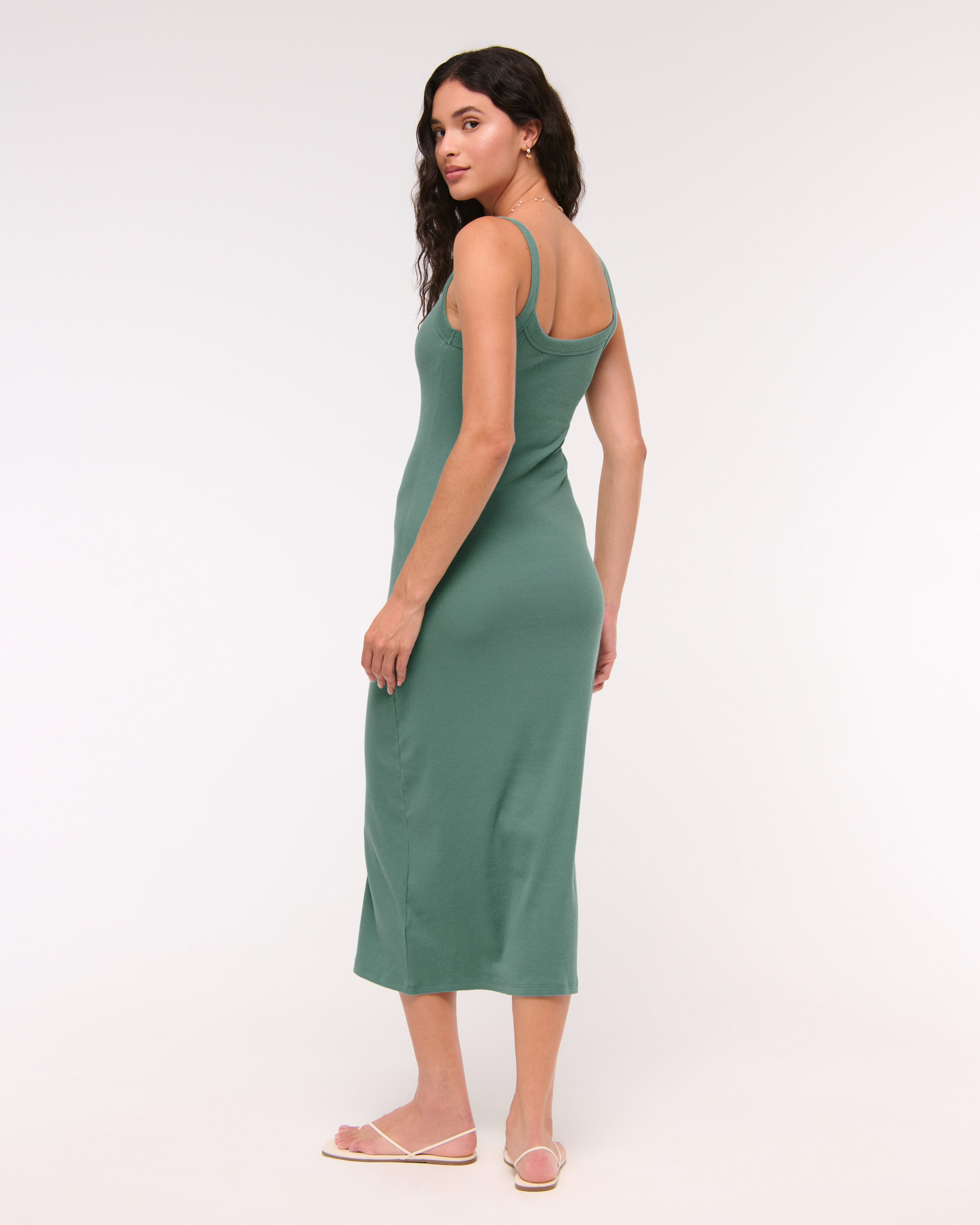 Abercrombie & Fitch Bra-free Essential 90s Rib Midi Dress In Green