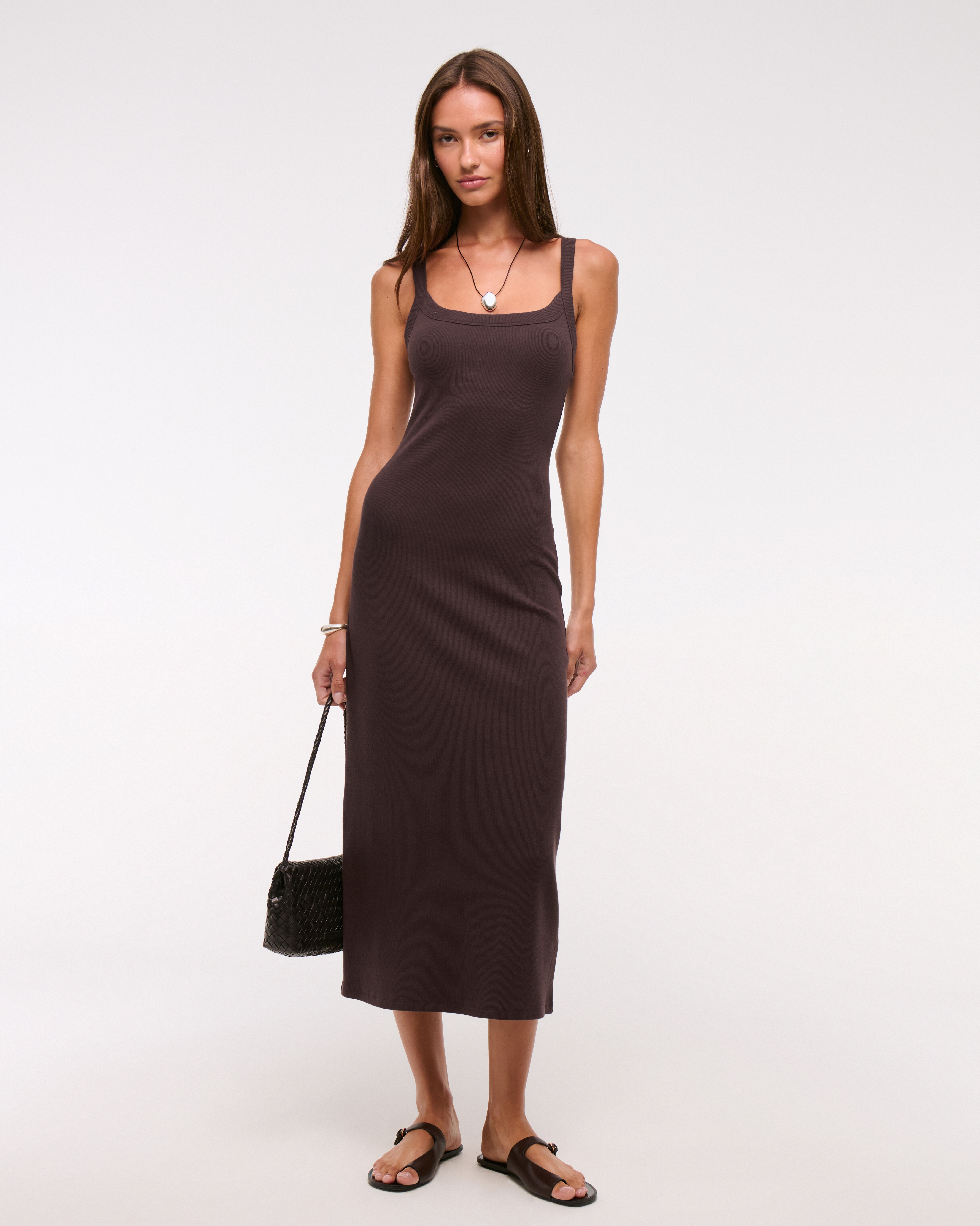 Abercrombie & Fitch Bra-free Essential 90s Rib Midi Dress In Brown