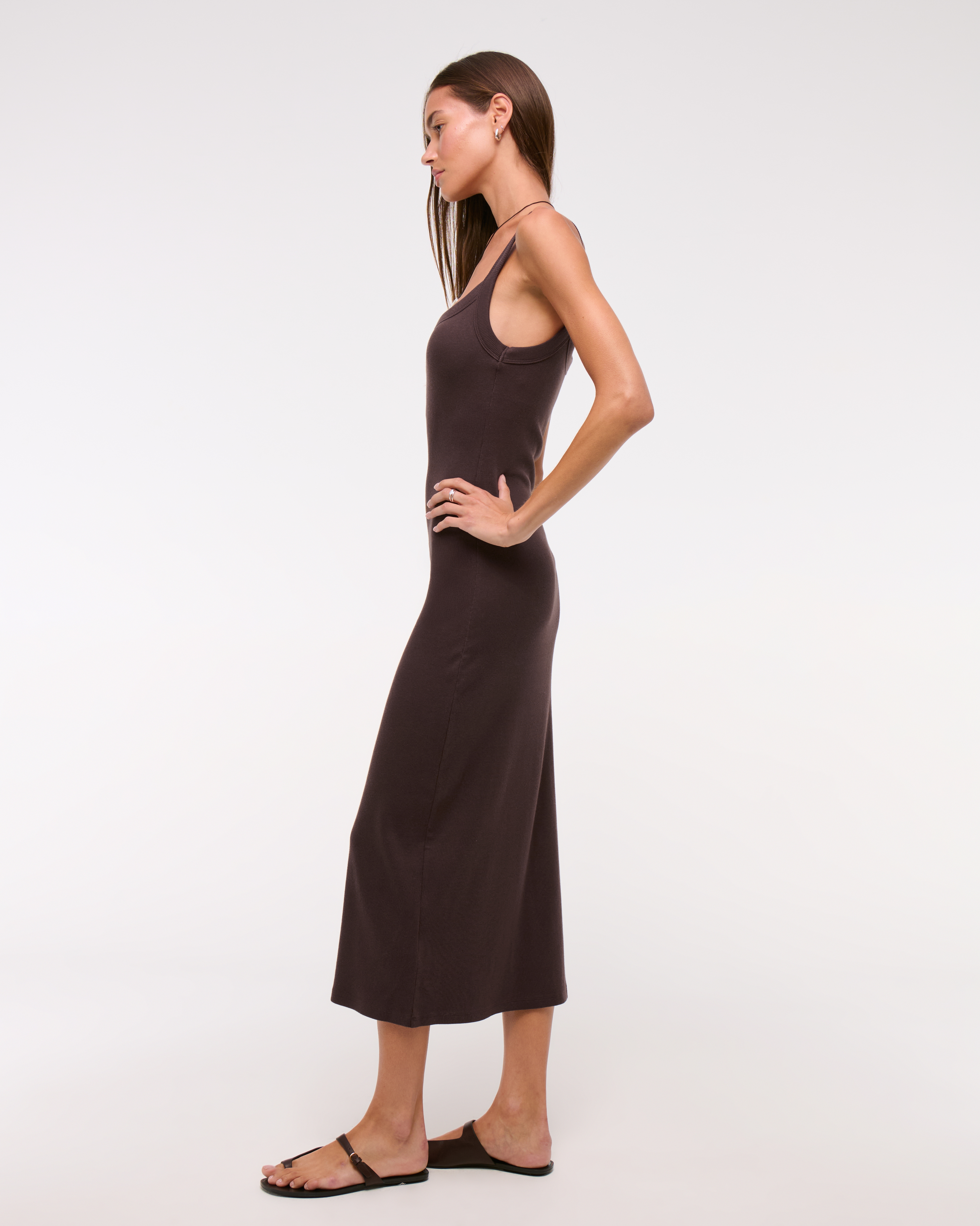Abercrombie & Fitch Bra-free Essential 90s Rib Midi Dress In Brown