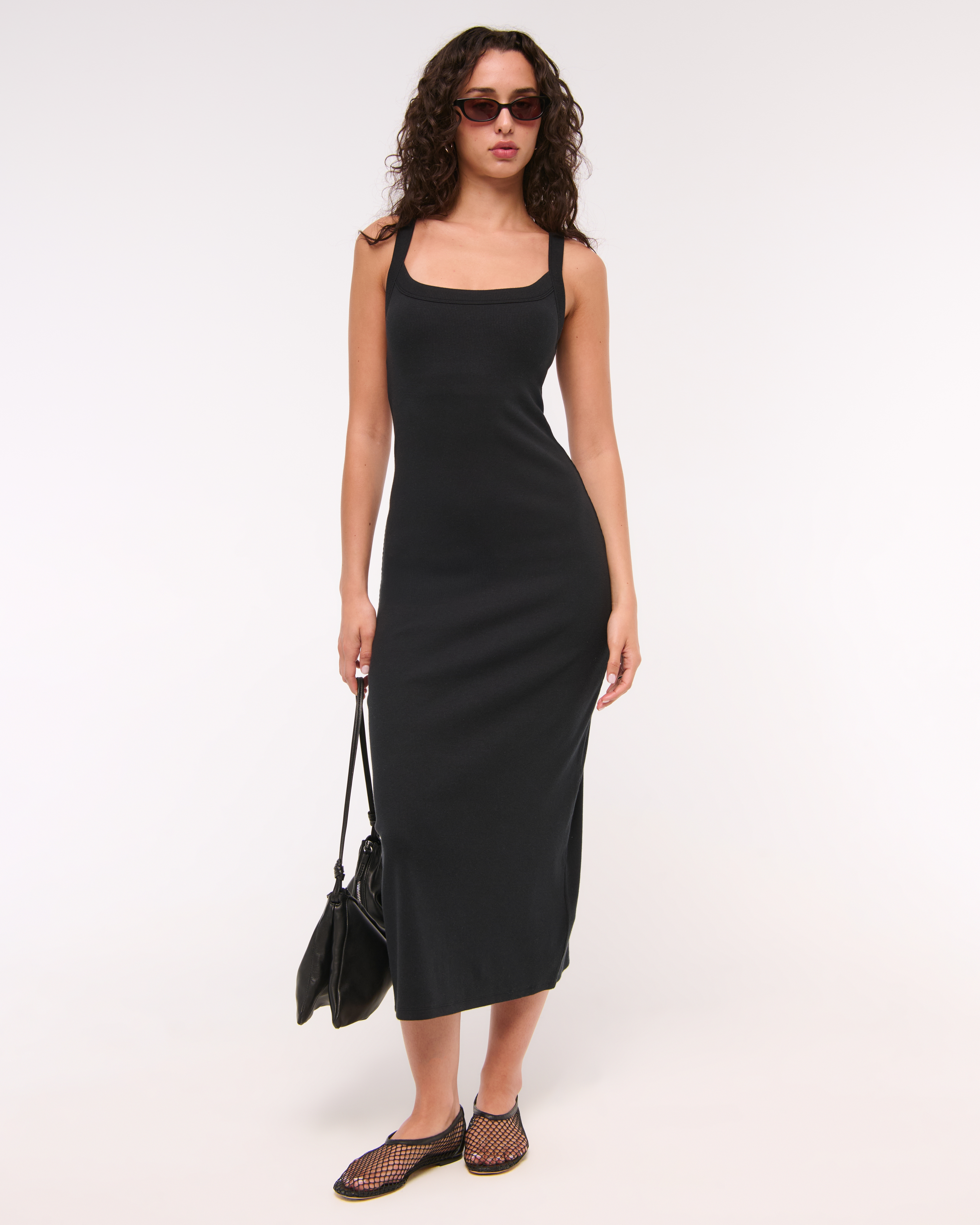 Abercrombie & Fitch Bra-free Essential 90s Rib Midi Dress In Black