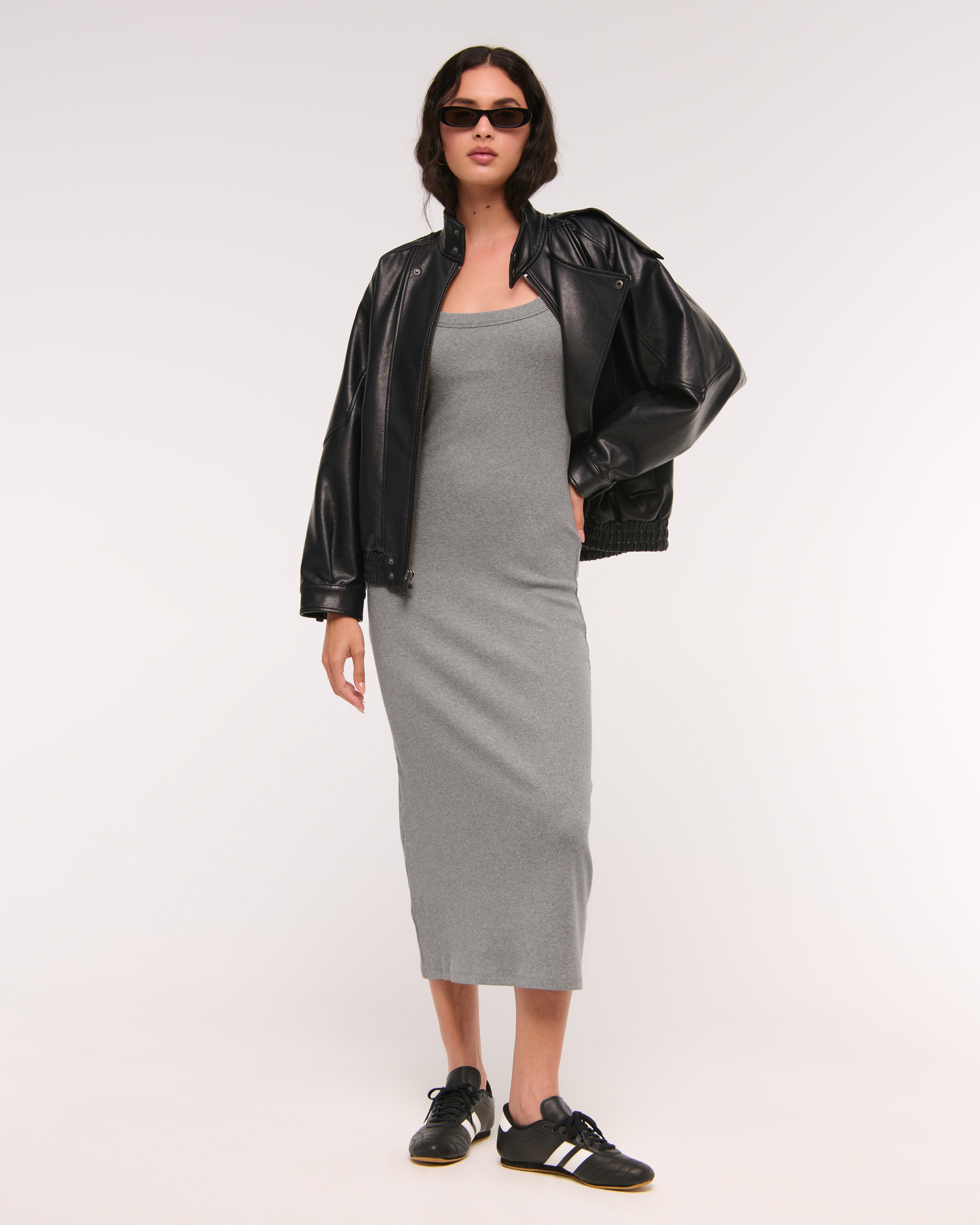 Abercrombie & Fitch Bra-free Essential 90s Rib Midi Dress In Gray