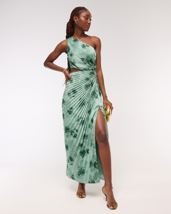 The A&F Giselle Pleated One-Shoulder Cutout Maxi Dress, Green Floral view 1