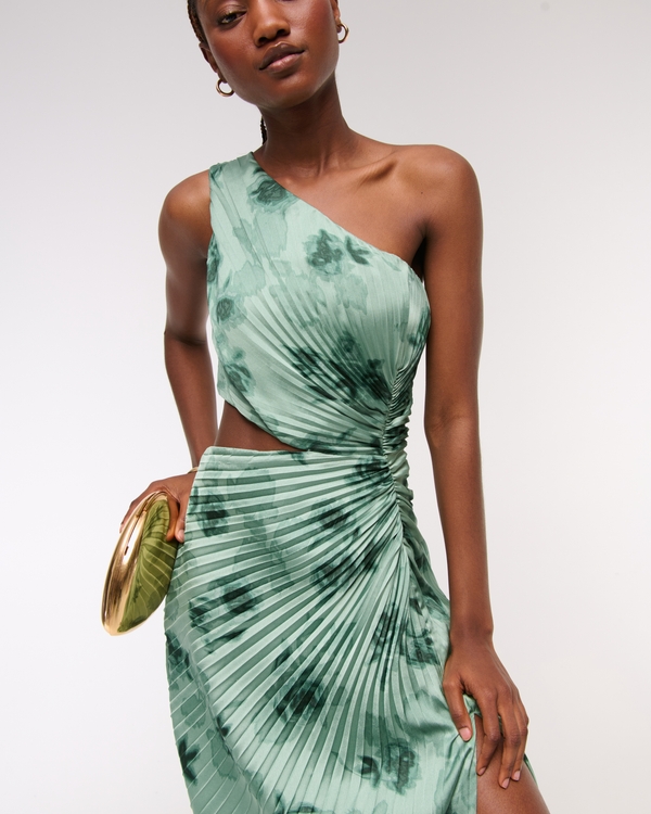 The A&F Giselle Pleated One-Shoulder Cutout Maxi Dress, Green Floral view 2