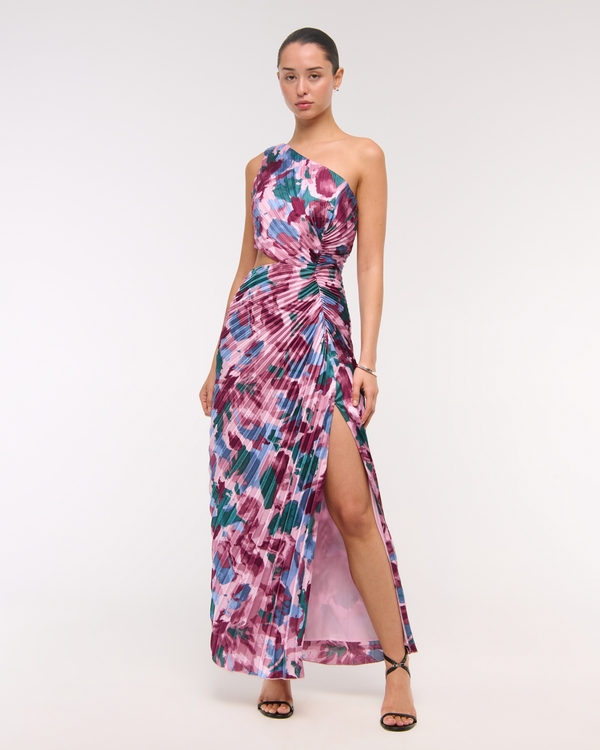 The A&F Giselle Pleated One-Shoulder Cutout Maxi Dress, Pink Pattern view 1