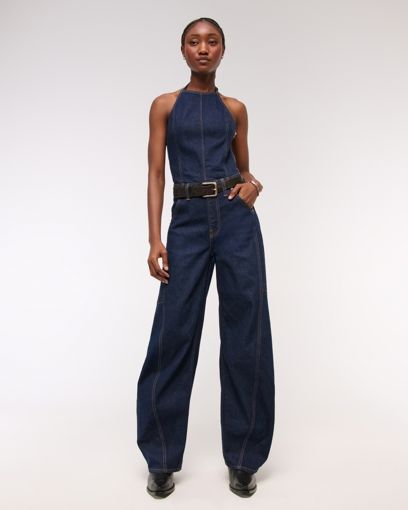 Women's Halter Barrel Denim Jumpsuit Women's Clearance