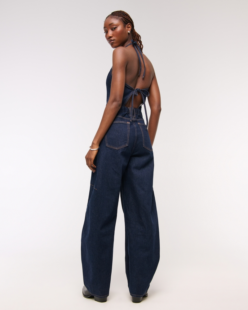 Women's Halter Barrel Denim Jumpsuit | Women's Clearance