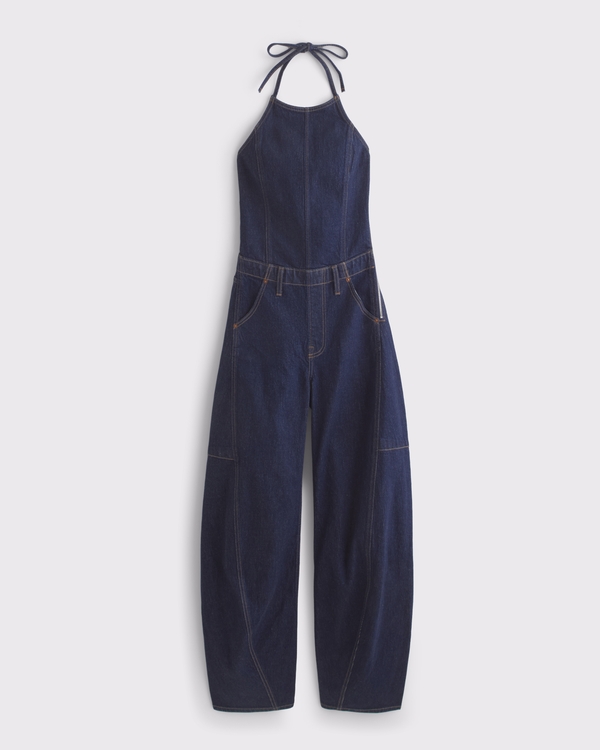 Halter Barrel Denim Jumpsuit, Dark view 1