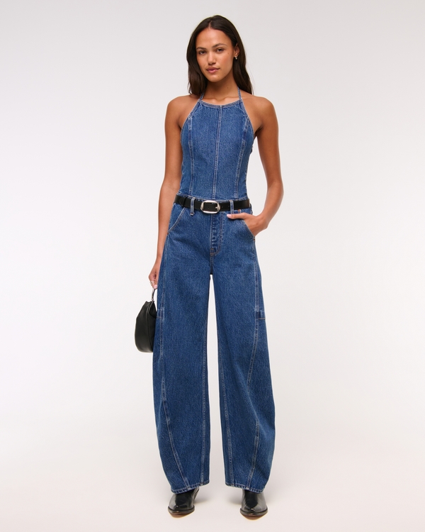 Halter Barrel Denim Jumpsuit, Medium view 1