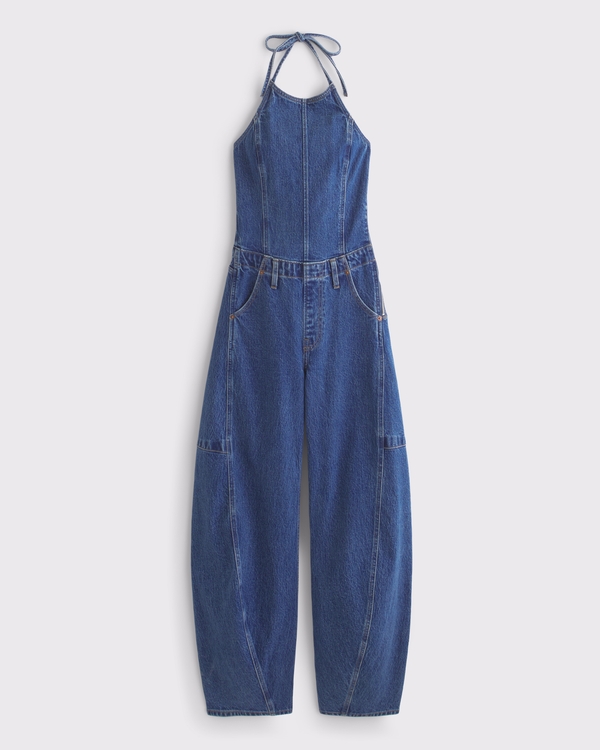 Halter Barrel Denim Jumpsuit, Medium view 1