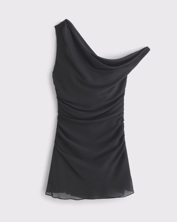 One-Shoulder Draped Mini Dress, Black view 1