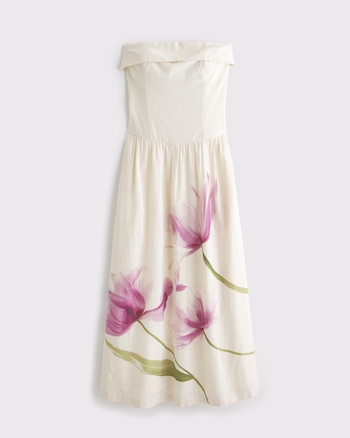 Strapless Drop-Waist Linen-Blend Maxi Dress
