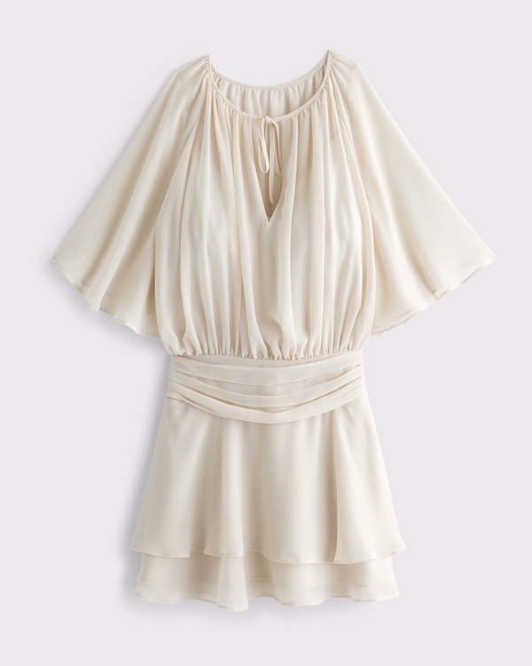 Angel Sleeve Sheer Mini Dress, Warm Beige view 1