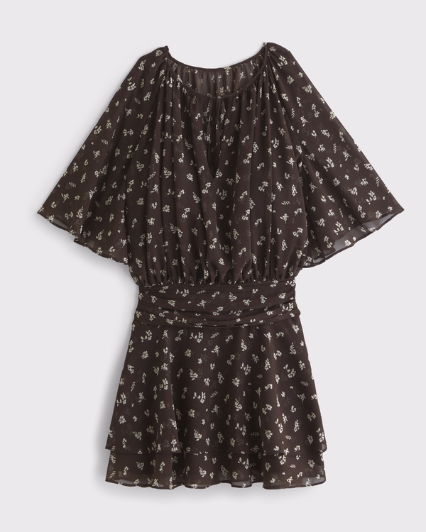 Angel Sleeve Sheer Mini Dress, Coffee view 1