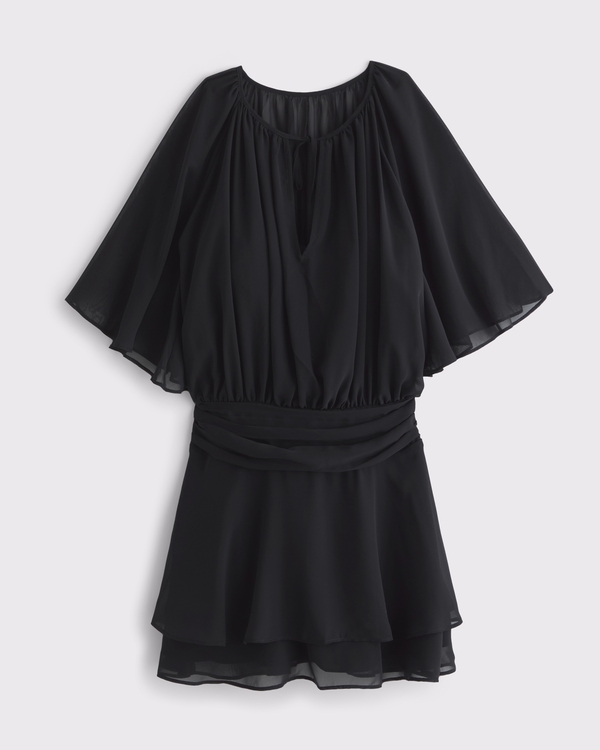 Angel Sleeve Sheer Mini Dress, Black view 1
