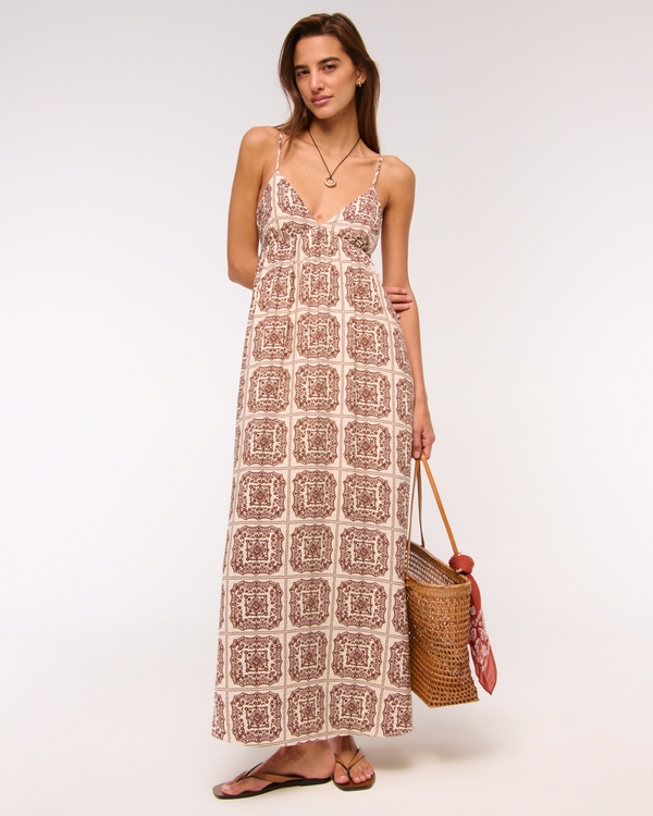 Robe longue fluide avec fermoir au dos à porter sans soutien-gorge, Marron À Motif view 1