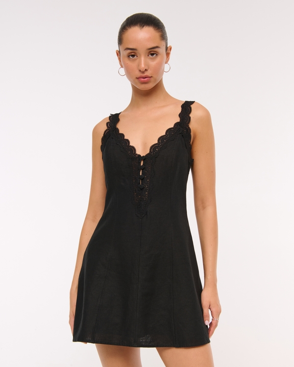 Lace-Trim Button-Front Mini Dress, Black view 1