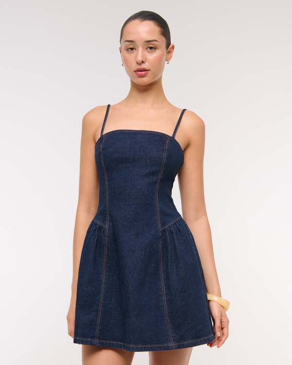 Dipped-Waist Denim Crossback Mini Dress, Dark Wash view 1