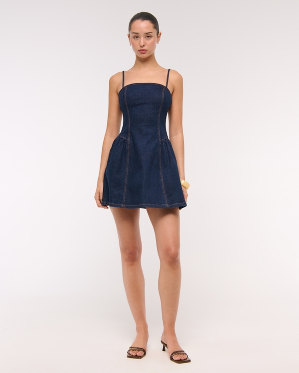 Dipped-Waist Denim Crossback Mini Dress, Dark Wash view 2