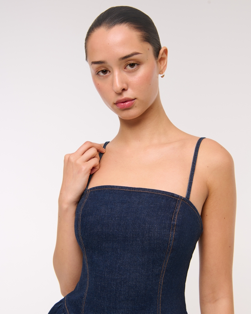 Dipped-Waist Denim Crossback Mini Dress