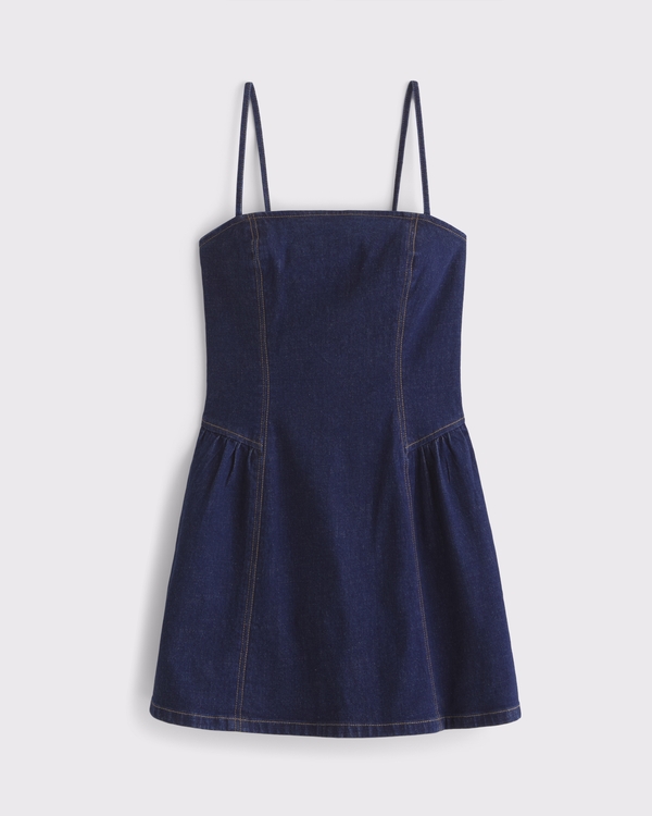 Dipped-Waist Denim Crossback Mini Dress, Dark Wash view 1