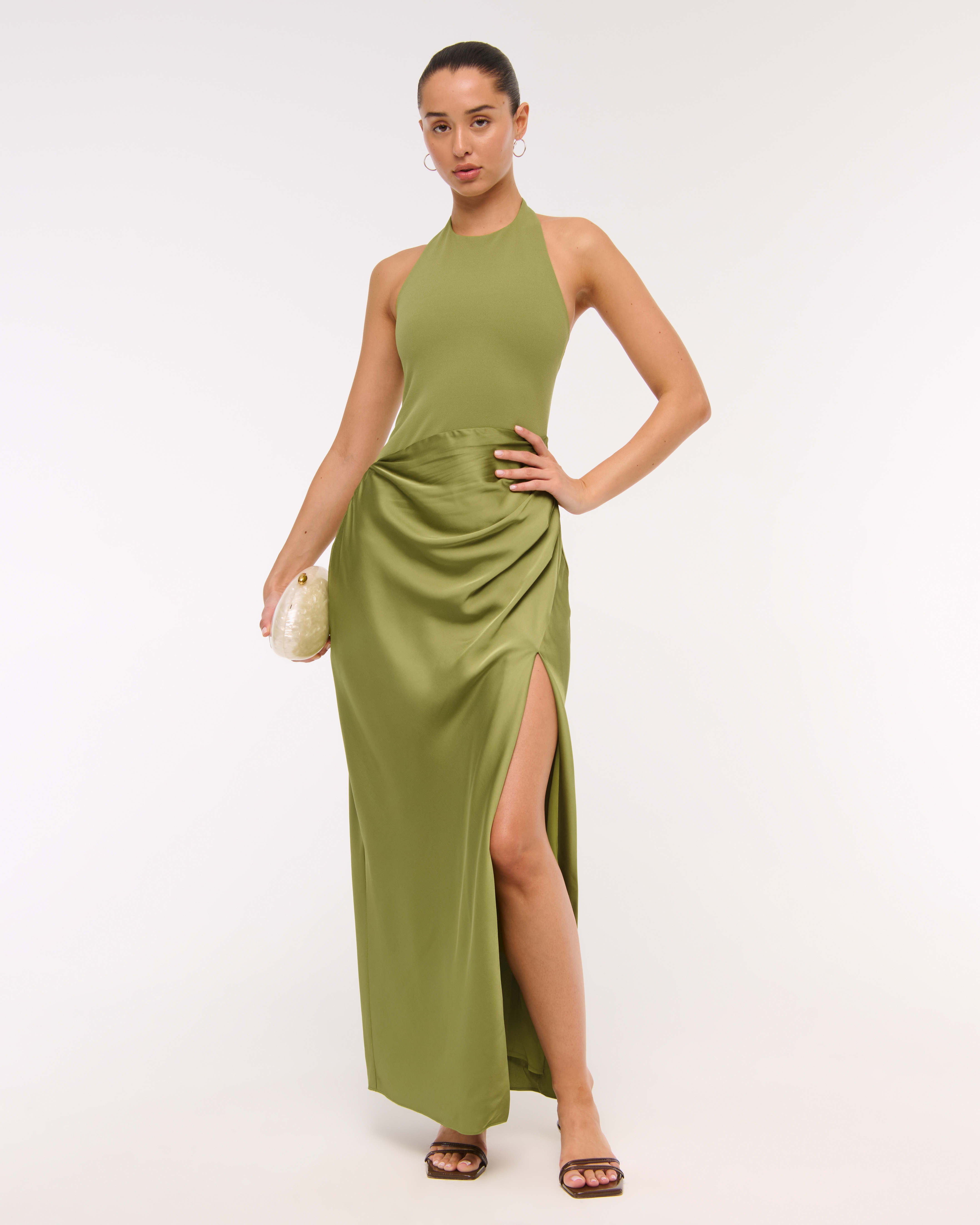 Abercrombie & Fitch Halter Mixed Fabric Maxi Dress In Green