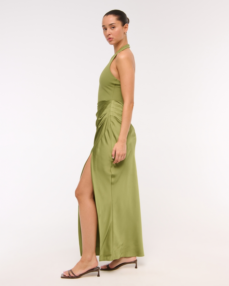 Halter Mixed Fabric Maxi Dress