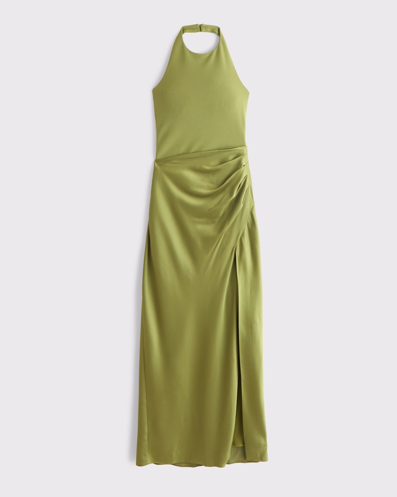 Halter Mixed Fabric Maxi Dress