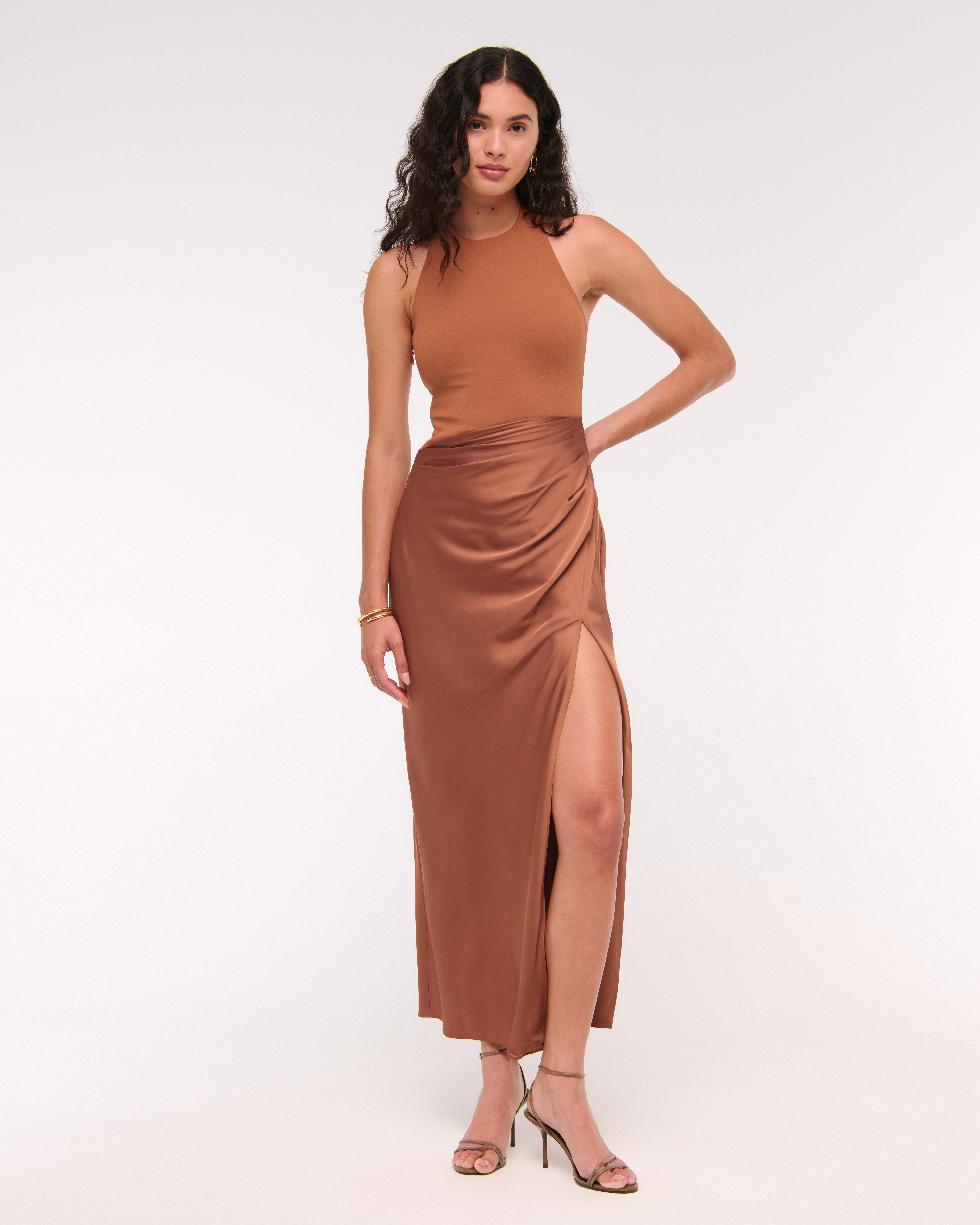 Abercrombie & Fitch Halter Mixed Fabric Maxi Dress In Brown