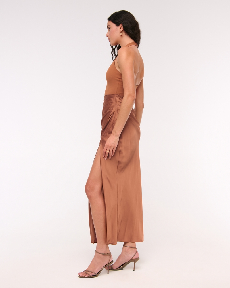 Halter Mixed Fabric Maxi Dress