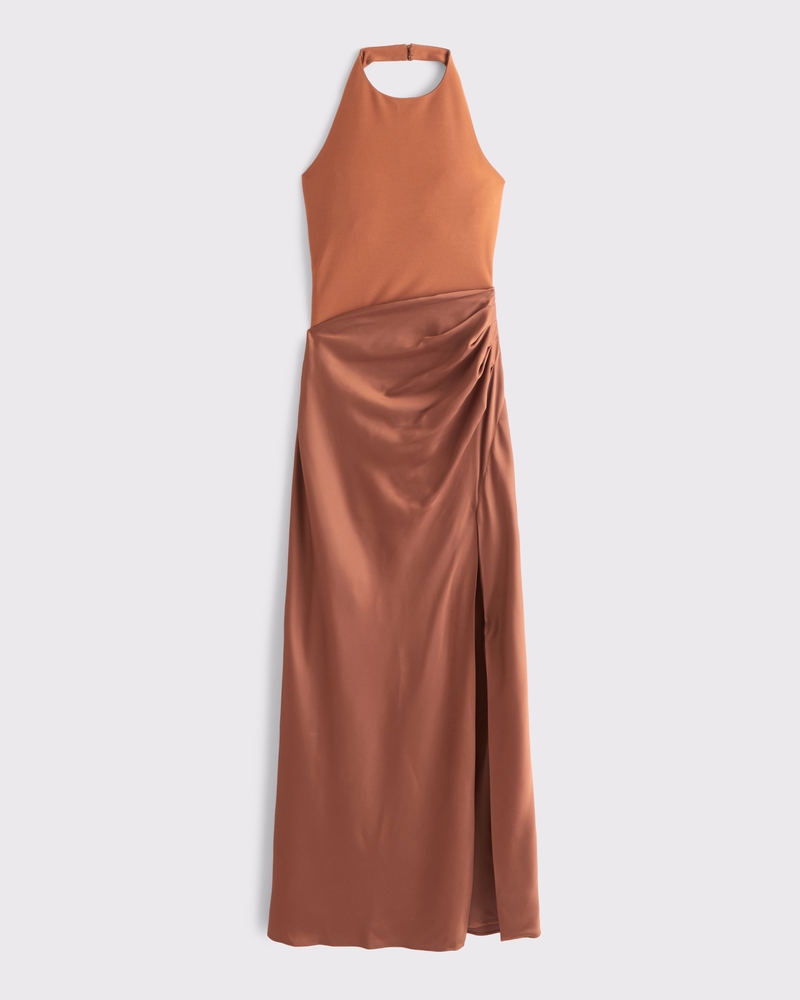 Halter Mixed Fabric Maxi Dress