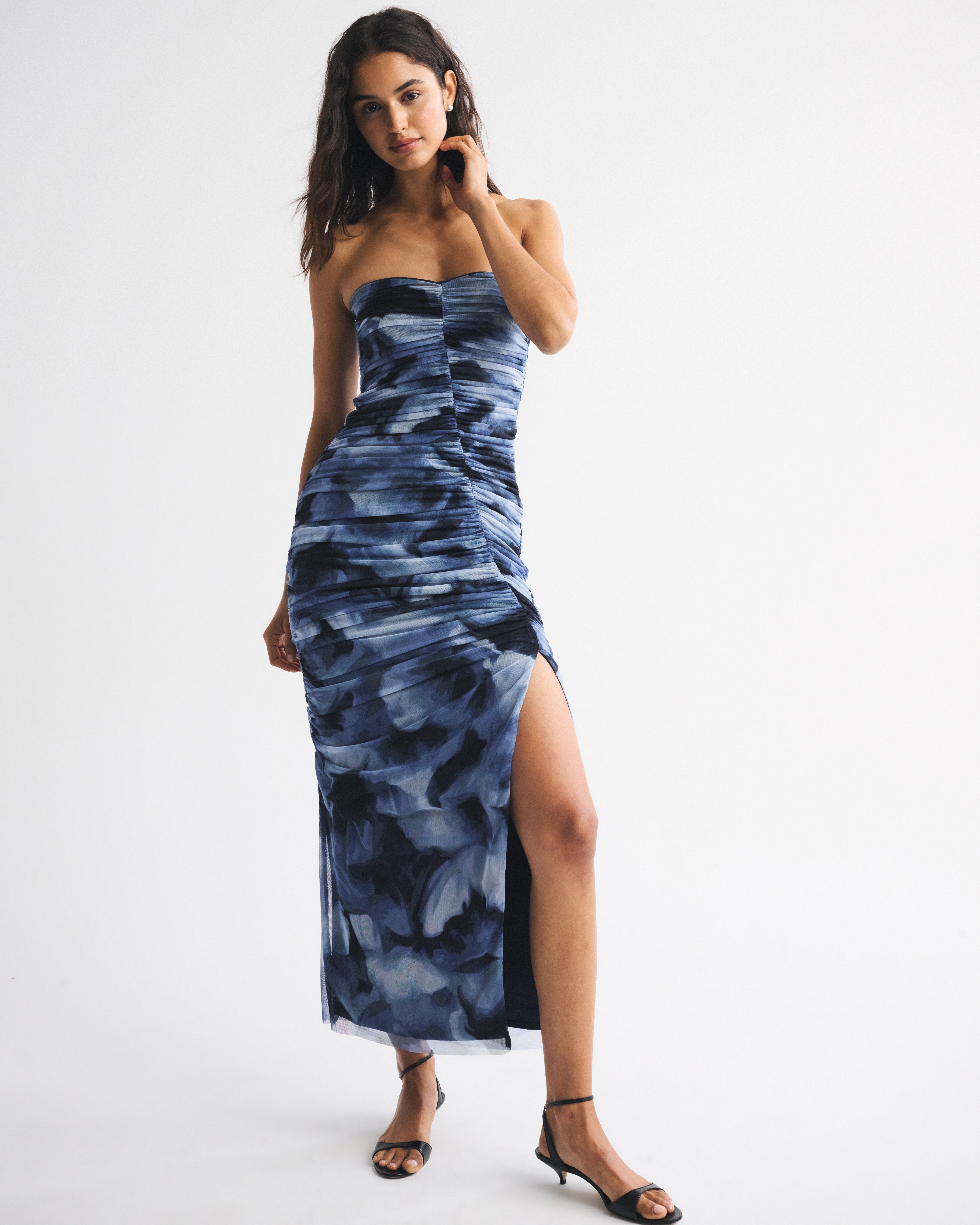 Abercrombie & Fitch Strapless Ruched Mesh Maxi Dress In Blue