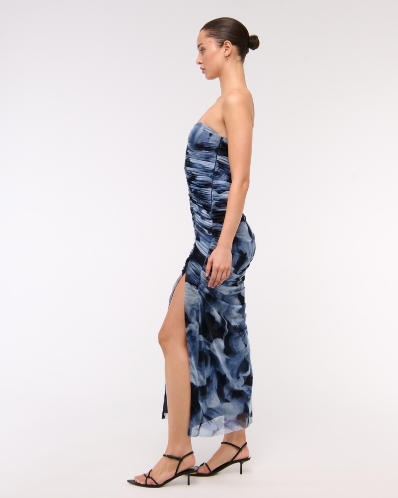 Strapless Ruched Mesh Maxi Dress