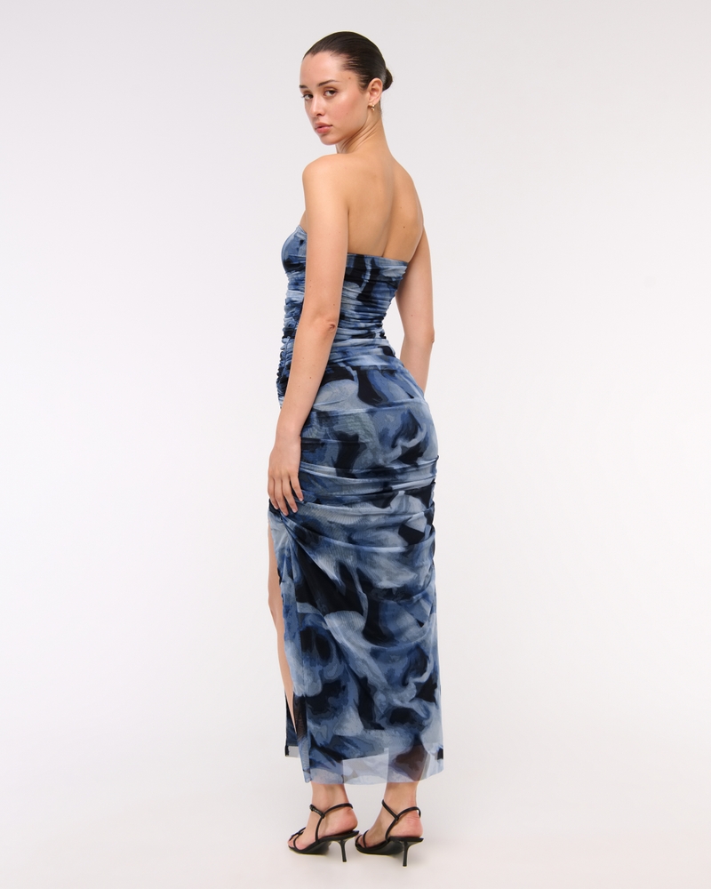 Strapless Ruched Mesh Maxi Dress