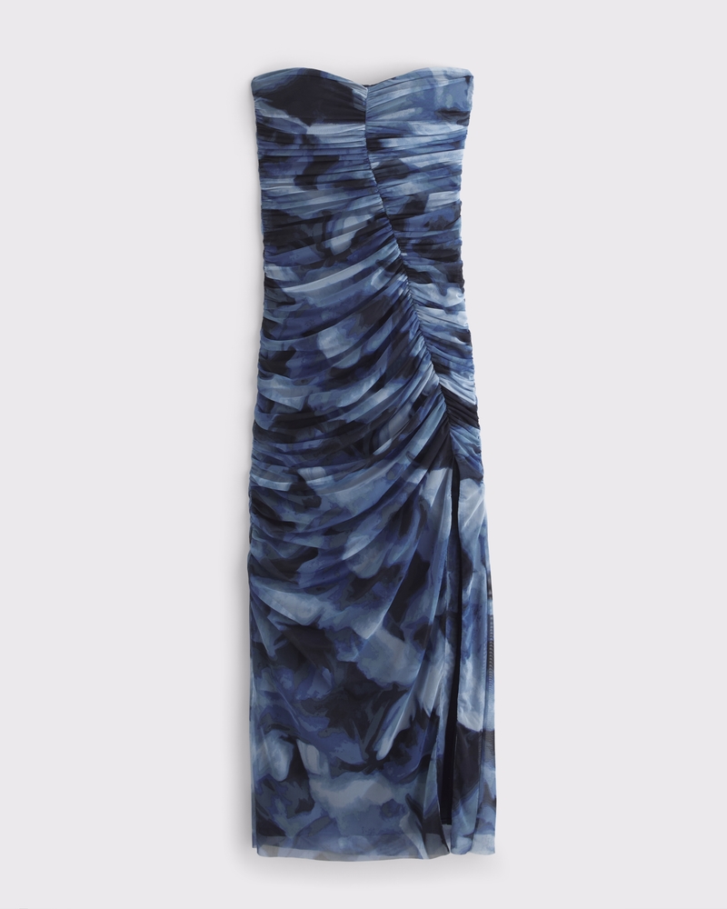 Strapless Ruched Mesh Maxi Dress