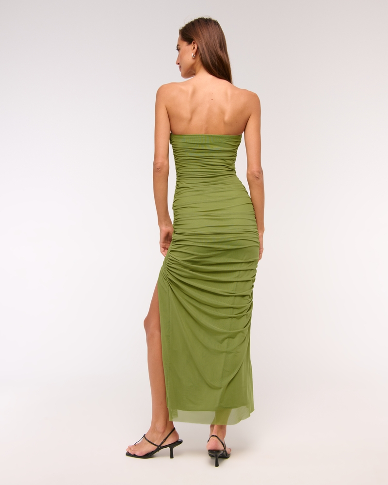 Strapless Ruched Mesh Maxi Dress
