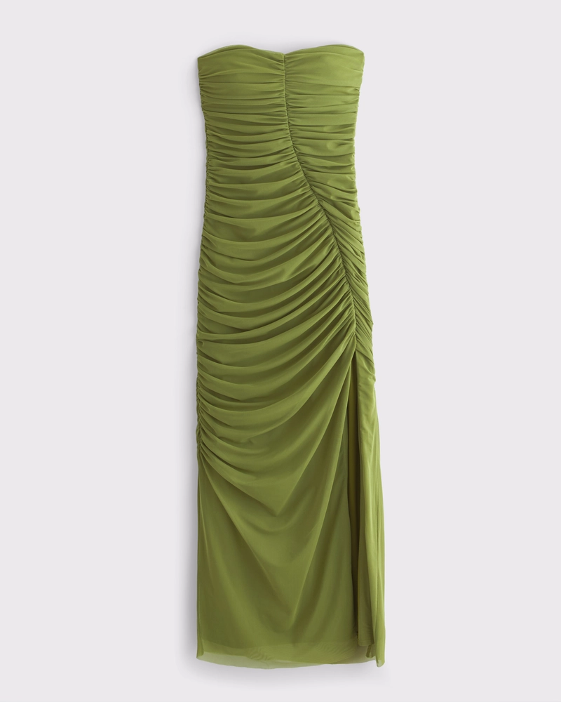 Strapless Ruched Mesh Maxi Dress