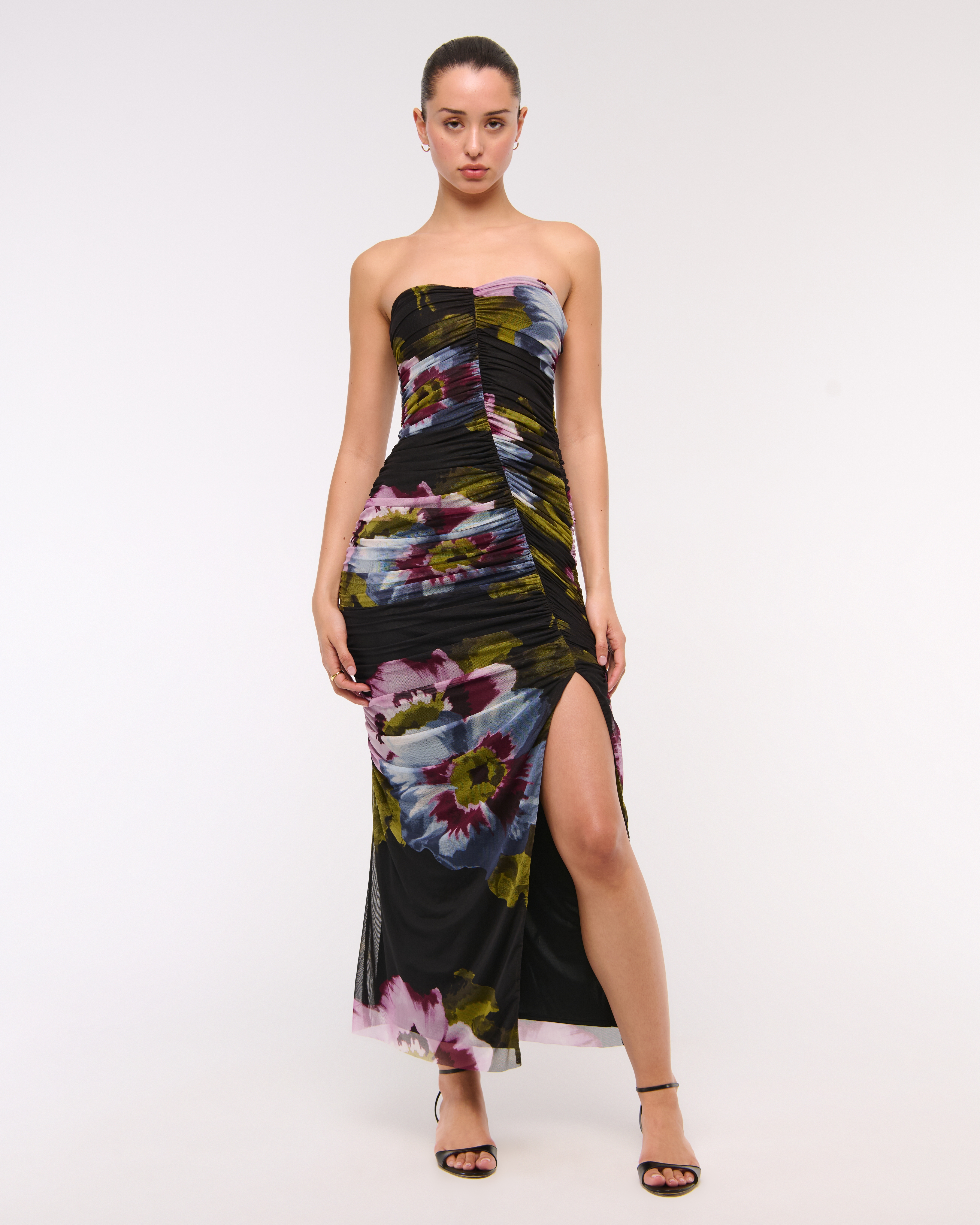 Abercrombie & Fitch Strapless Ruched Mesh Maxi Dress In Black