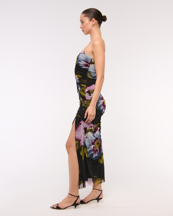 Strapless Ruched Mesh Maxi Dress